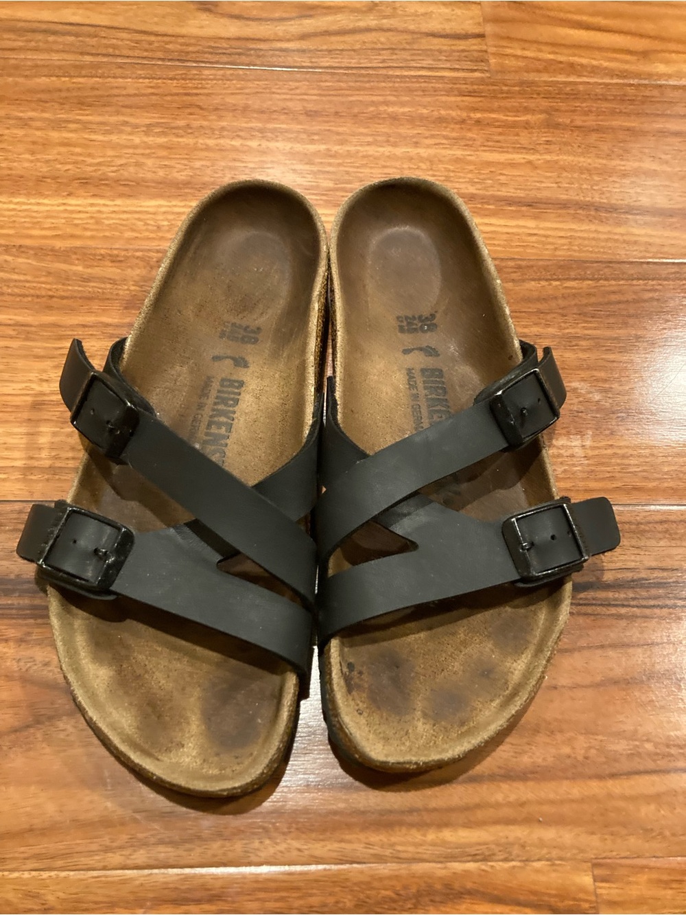 Birkenstock Black Leather Slide Sandals Adjustable Buckle Strap EU 38 US 7.5